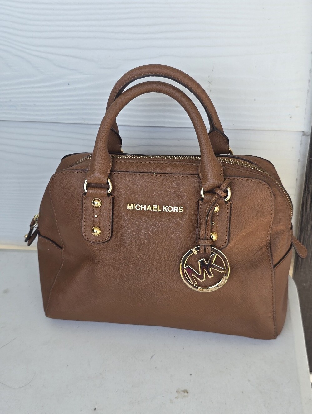 Michael Kors Brown Saffiano Leather Satchel Handbag Gold MK Logo 8x10 Charm